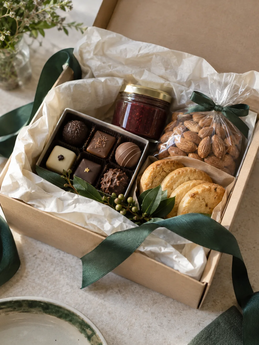 Genussbox mit Schokolade, Konfitüre, Mandeln und Gebäck