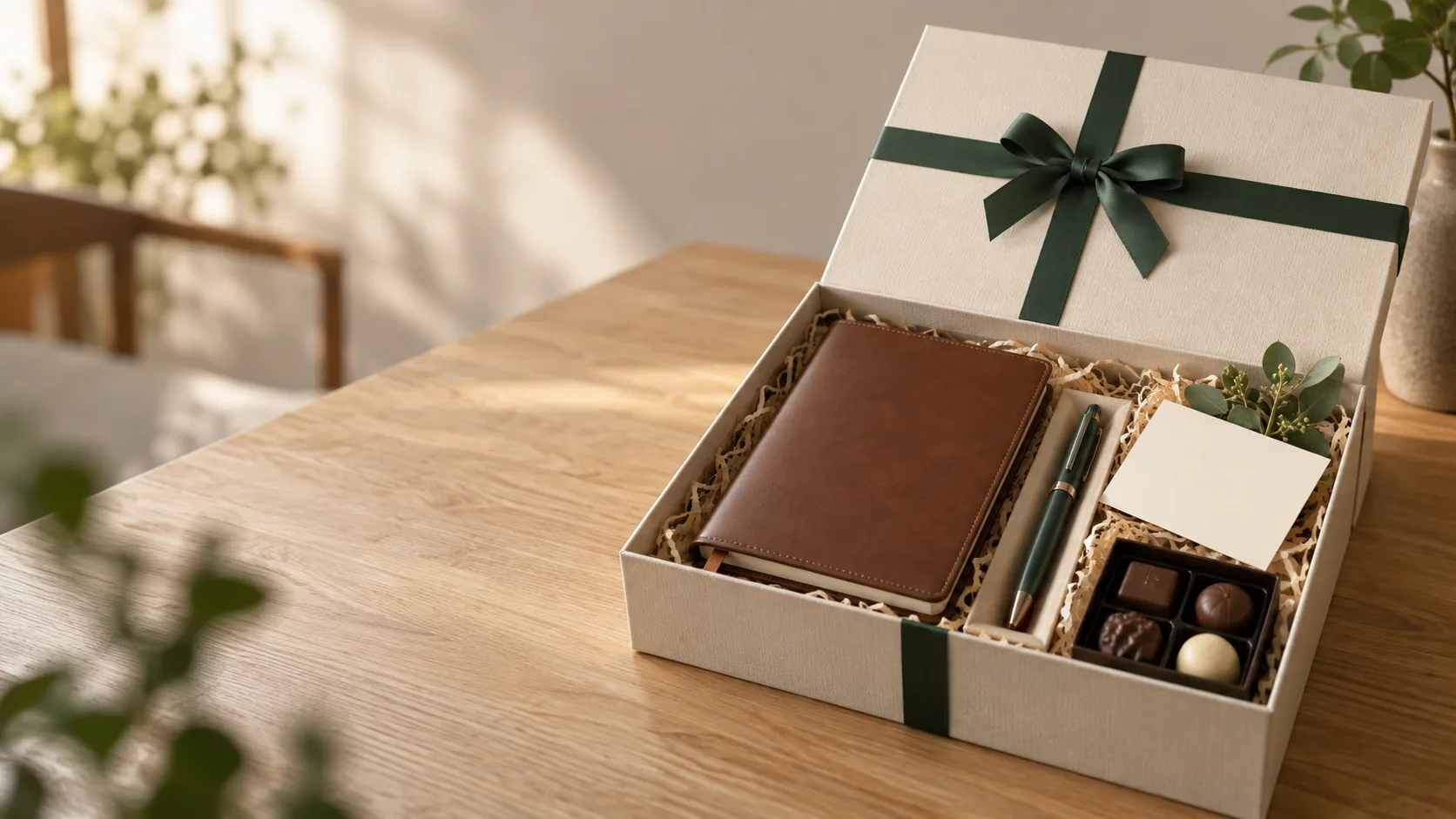 Premium-Firmengeschenkbox mit Ledernotizbuch, Kugelschreiber, personalisierter Karte und Schokolade