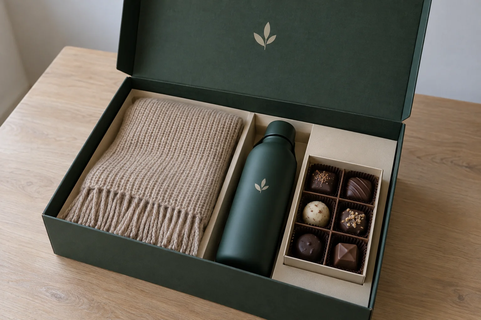 Verpackte Firmengeschenke zum Jahresende vor der beleuchteten Freiburger Altstadt