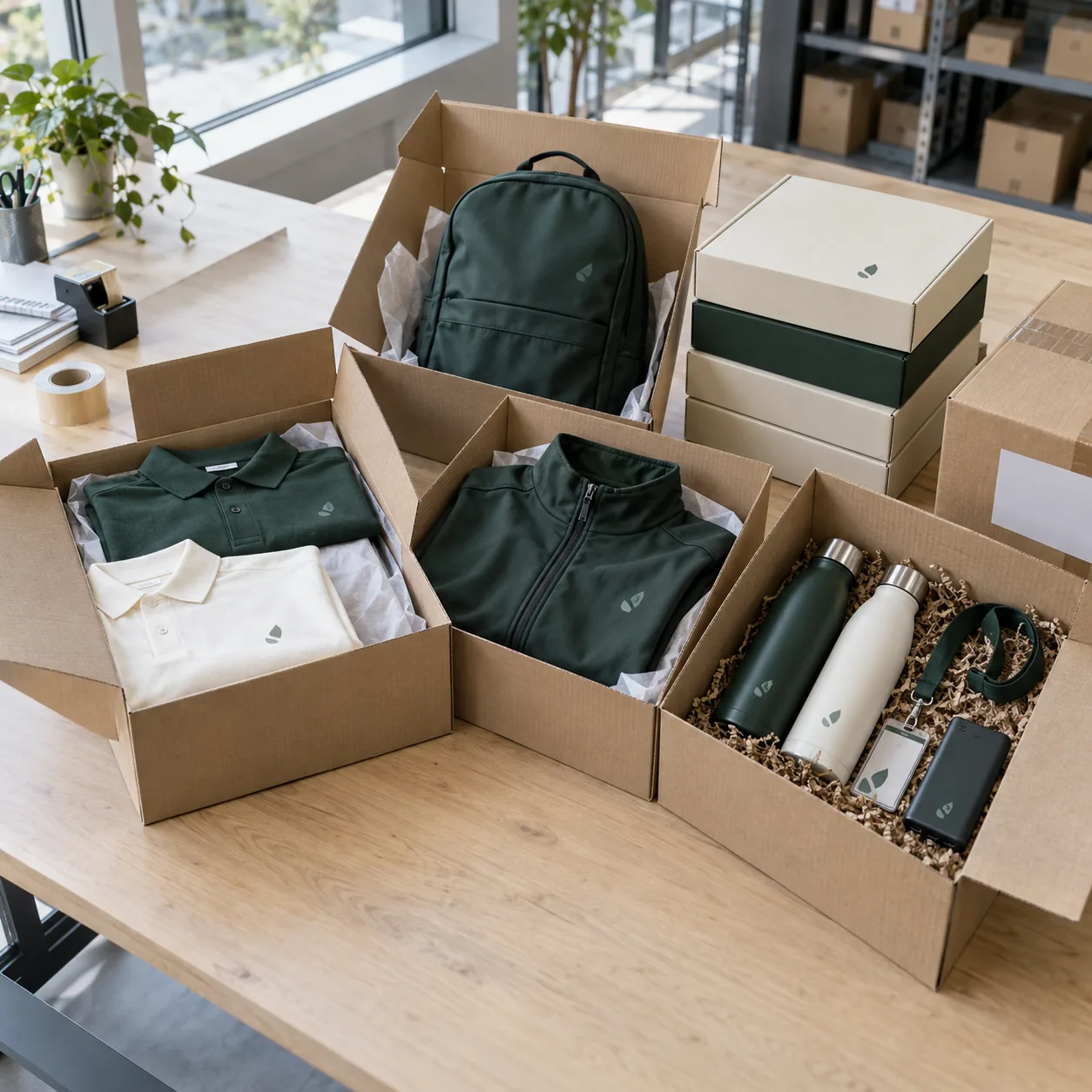 Personalisierte Werbeartikel und Firmengeschenke, bereit zur Lieferung an ein Freiburger Unternehmen