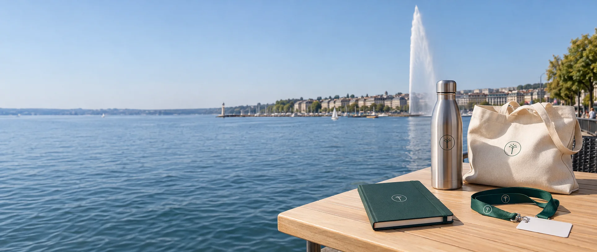 Kit de conférence et cadeaux d’entreprise personnalisés devant la rade de Genève et le Jet d’eau