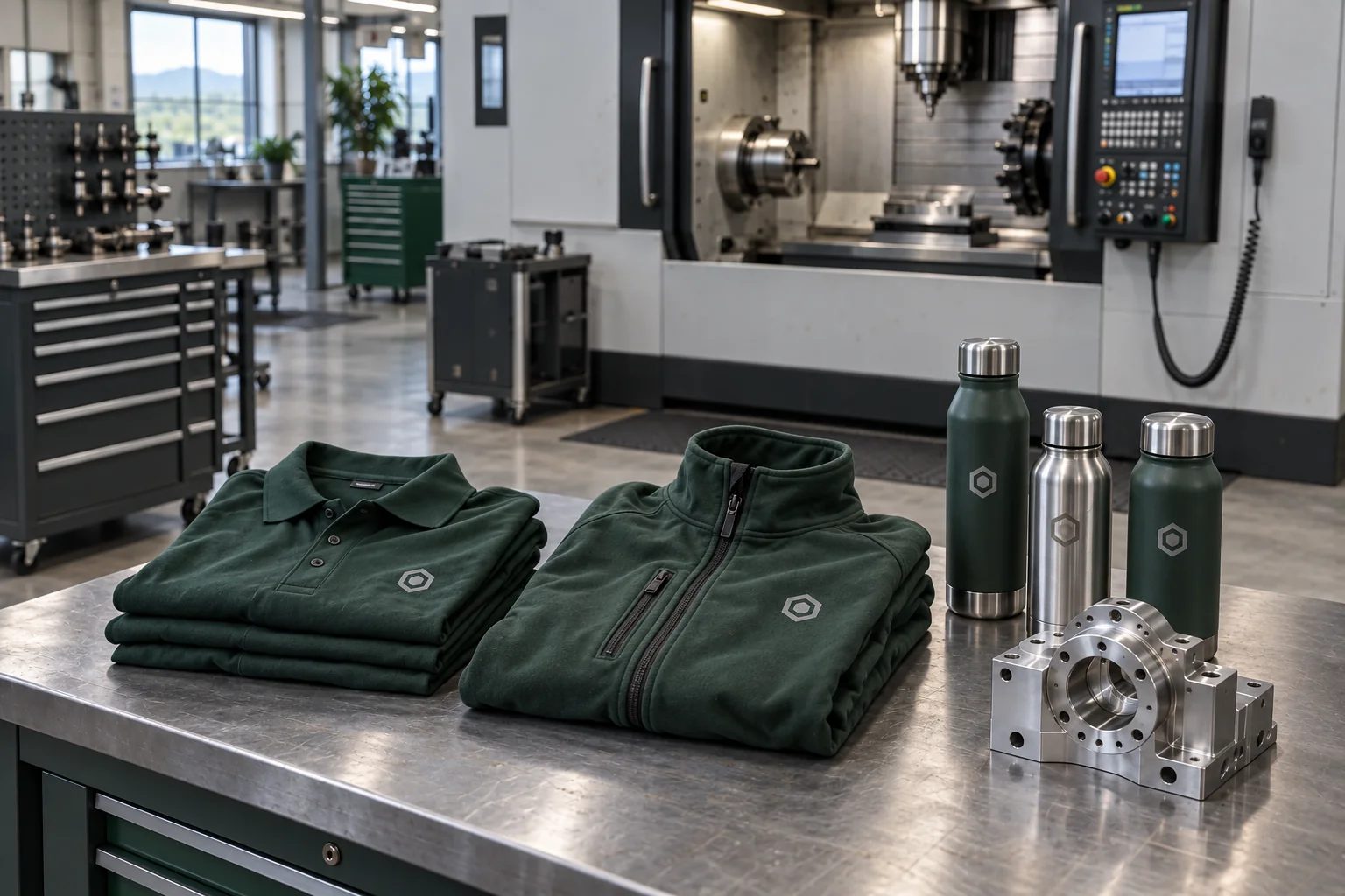 Personalised workwear folded next to a machine tool in a precision workshop