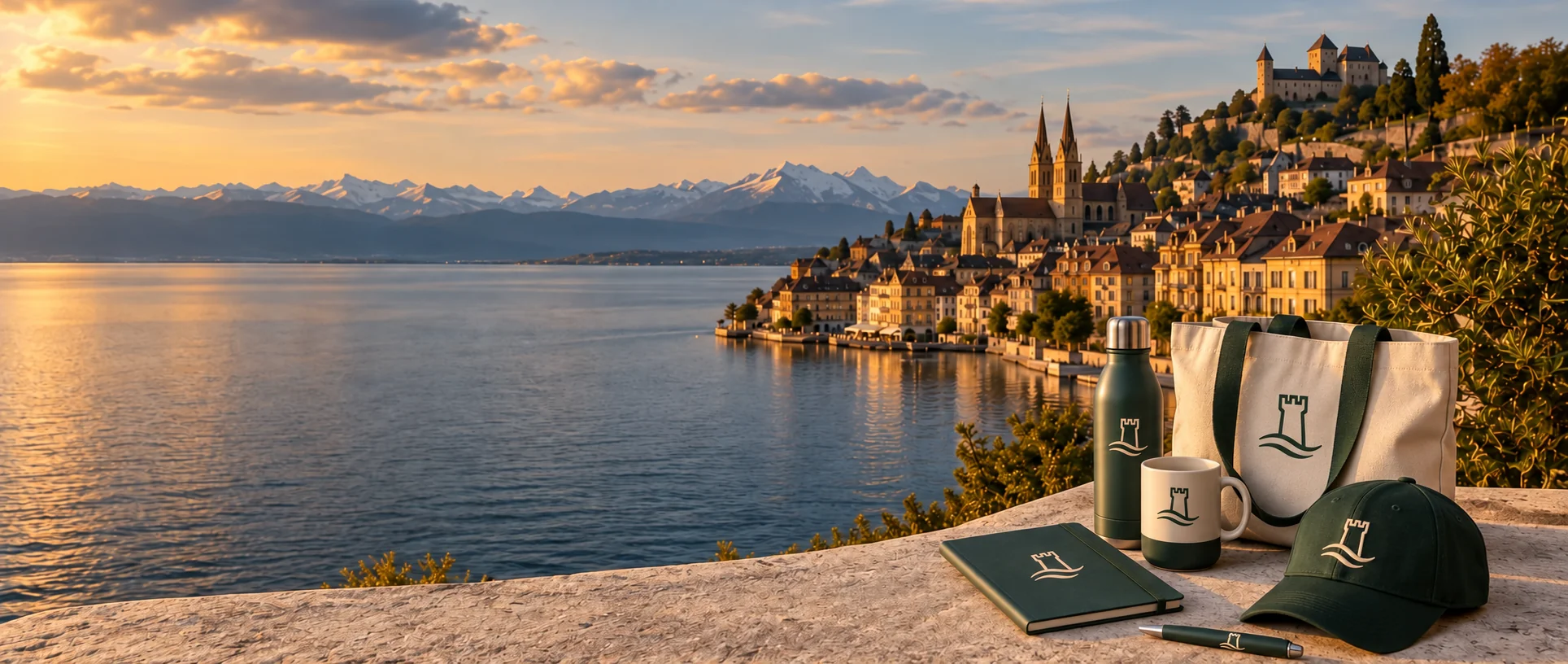 Personalised corporate gifts and promotional products on a lakeside terrace in Neuchâtel