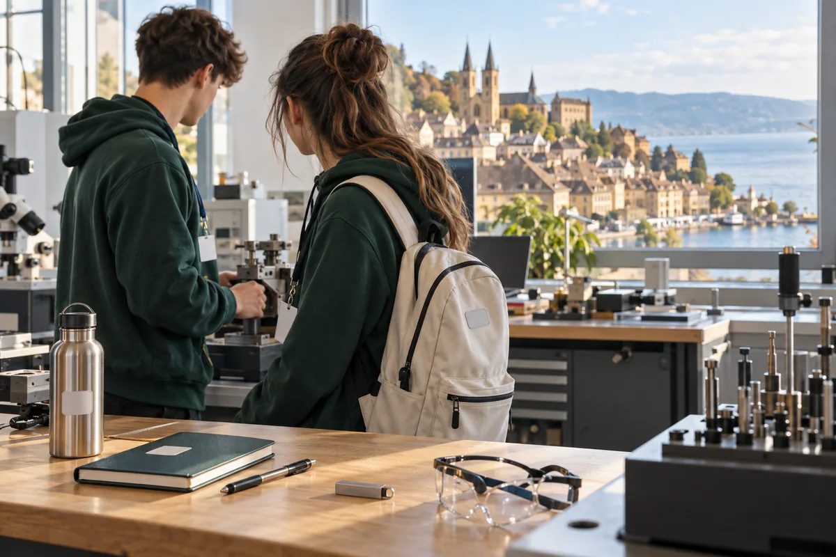 Apprentices wearing personalised hoodies with badges, a backpack and a bottle, in a workshop overlooking Neuchâtel