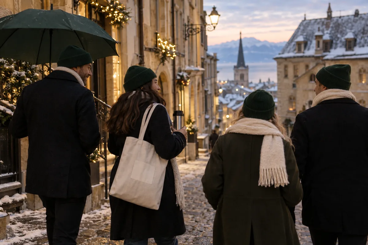 Colleagues wearing personalised beanies, scarves and a tote bag in Neuchâtel’s old town in winter