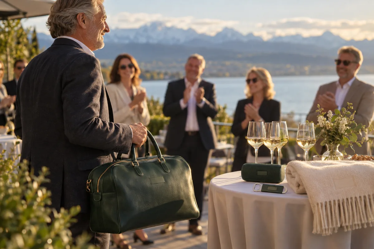 Employee celebrated for his long service with a personalised leather travel bag, on a terrace by Lake Neuchâtel