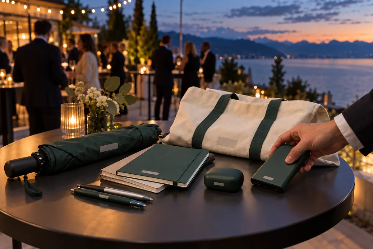 Personalised umbrella, power bank, notebooks and tote bag at a launch evening by Lake Neuchâtel