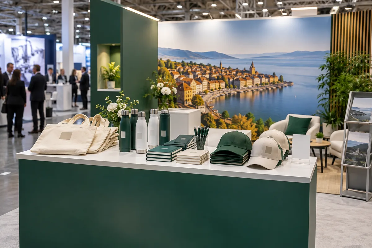 Trade fair stand with personalised promotional products and a picture of Lake Neuchâtel