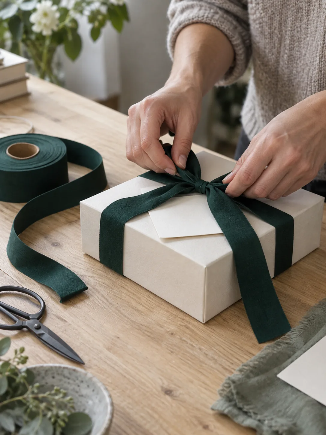 Massgefertigte Verpackung: weisse Geschenkbox, grünes Band und Karte