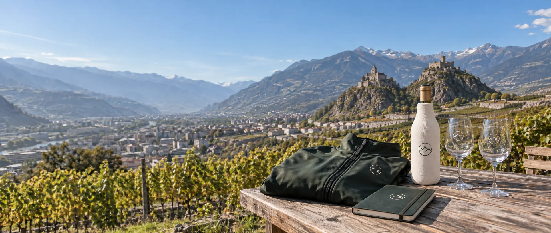 Softshell jacket, notebook, bottle in its sleeve and personalised glasses in the Sion vineyards, in front of Valère and Tourbillon