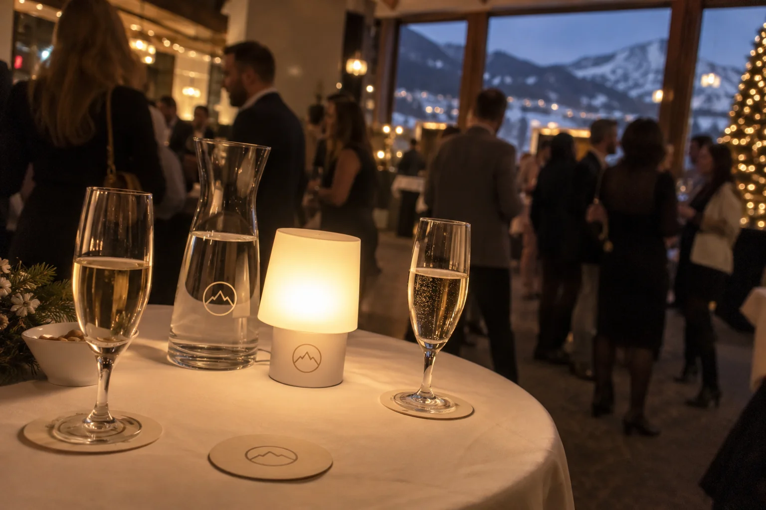 Personalised coasters, carafe and lamp at a company end-of-year evening event