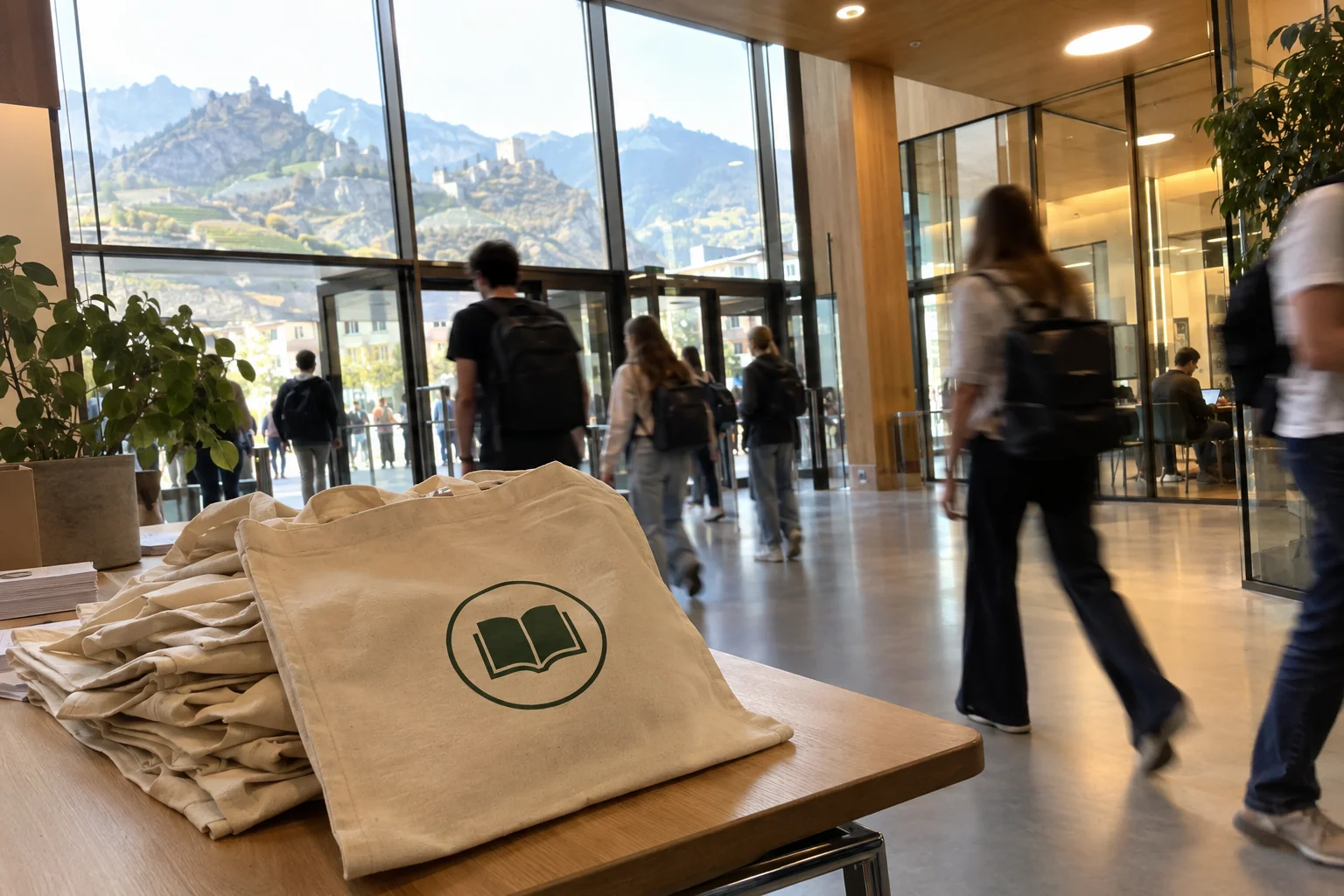 Personalised tote bags for the start of the academic year in the entrance hall of a university in Sion