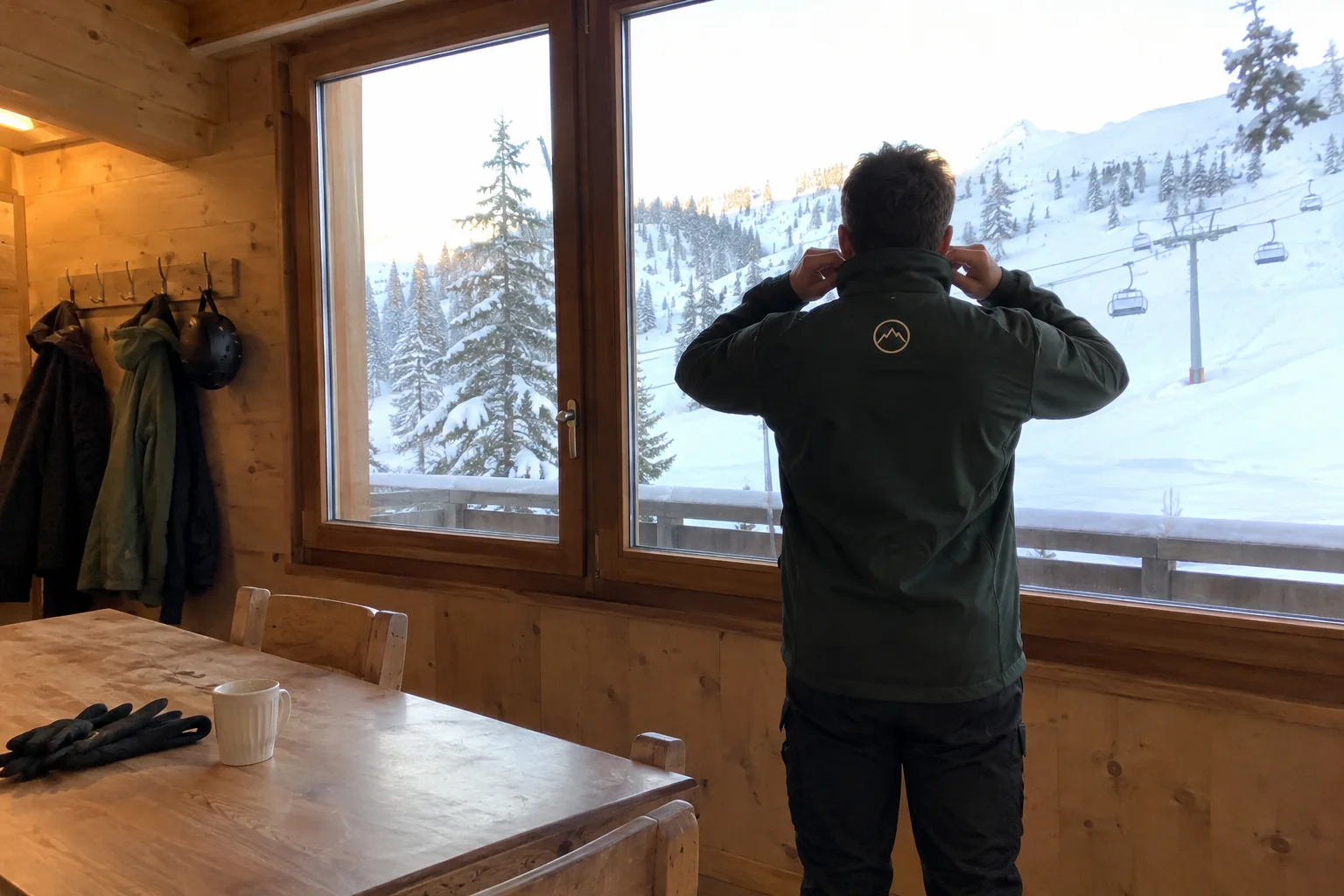 Ski resort employee in a personalised team jacket, looking out at the slopes in the early morning