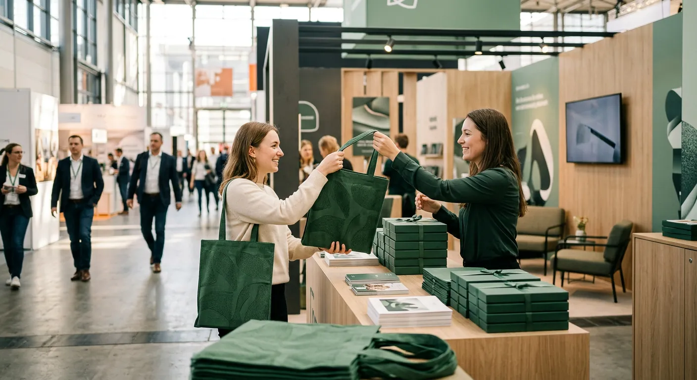 Remise de tote bags verts sur un stand