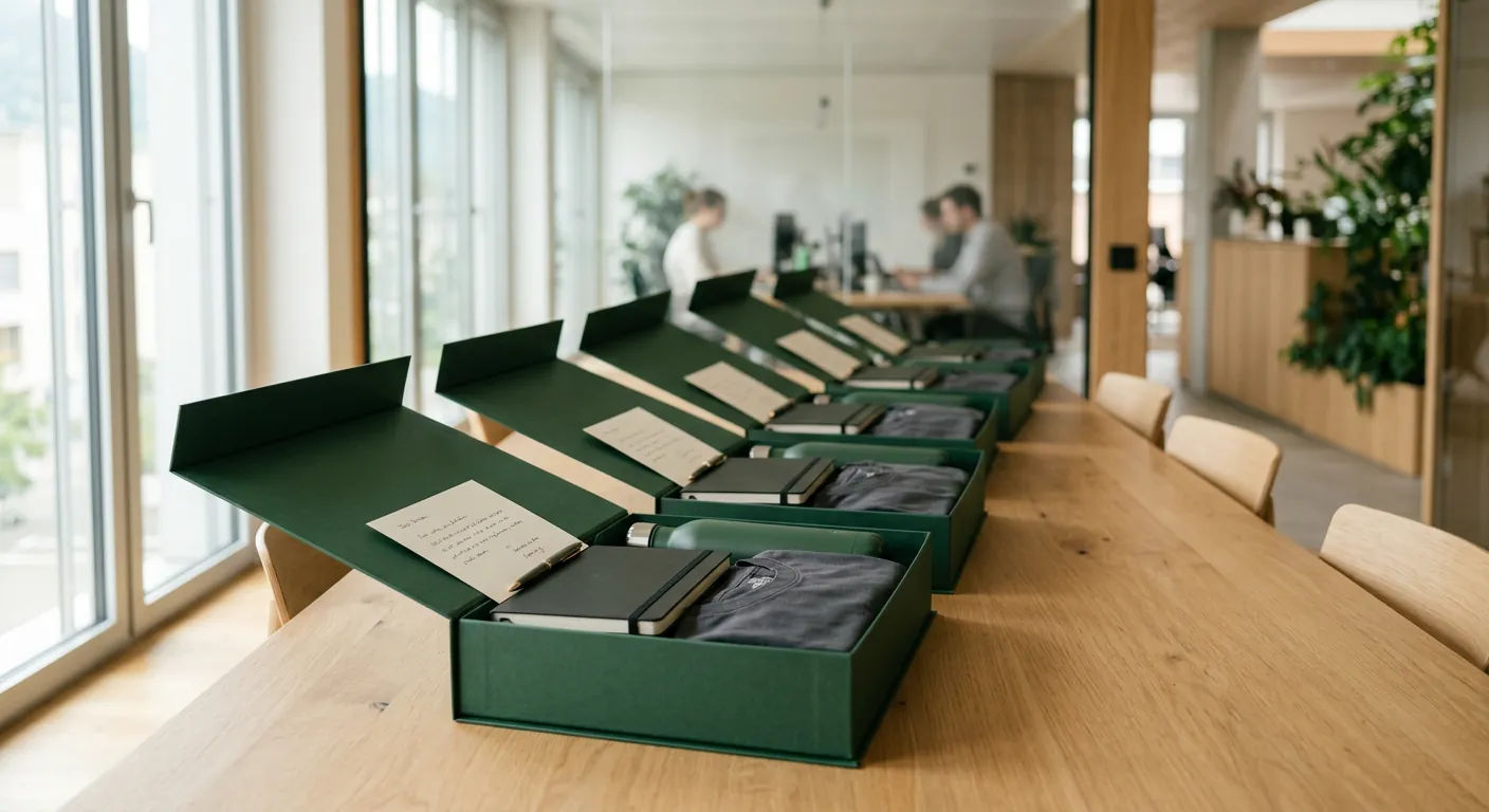 Coffrets d'accueil verts alignés sur une table