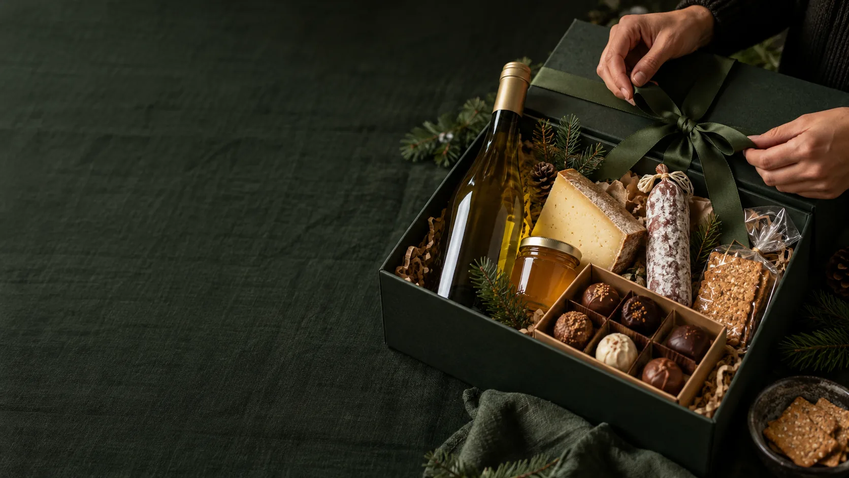 Personalisierte Gourmet-Geschenkbox für Firmen mit Weisswein, Käse, Trockenwurst, Honig und Pralinen
