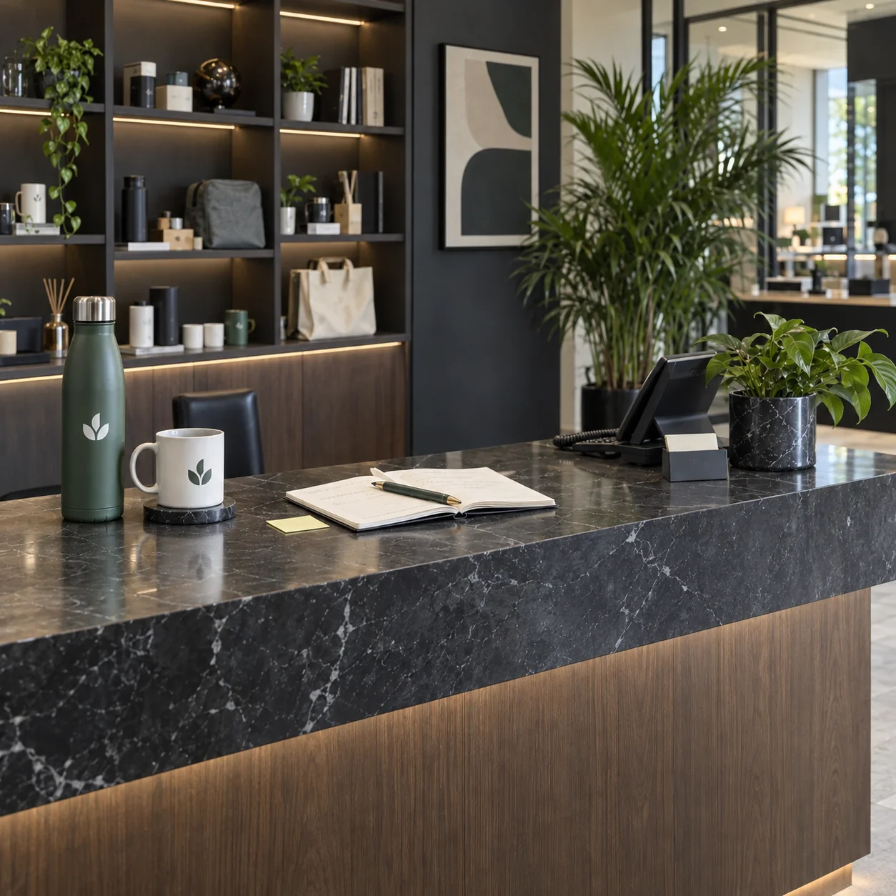 Comptoir d'accueil Quintessence avec goodies personnalisés exposés