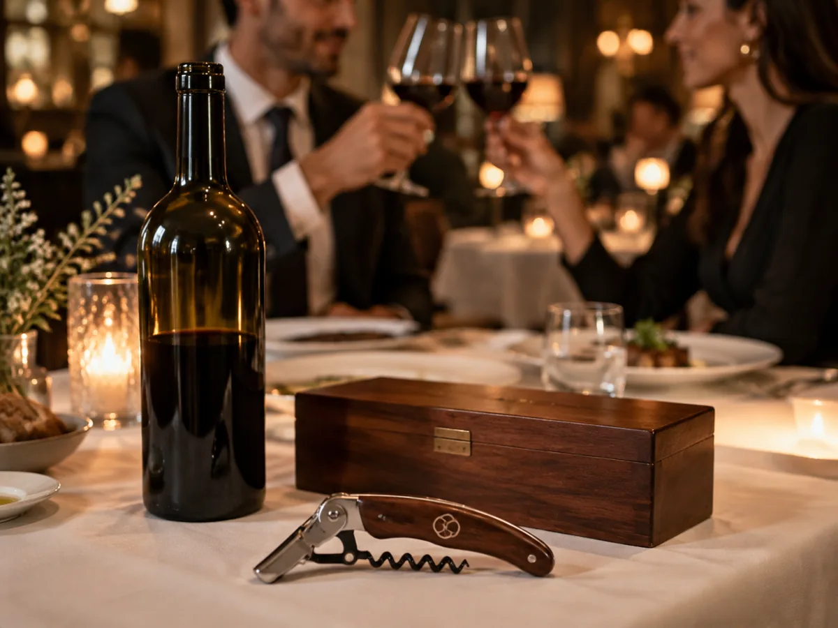 Gravierter Korkenzieher und Weinkiste bei einem Geschäftsessen