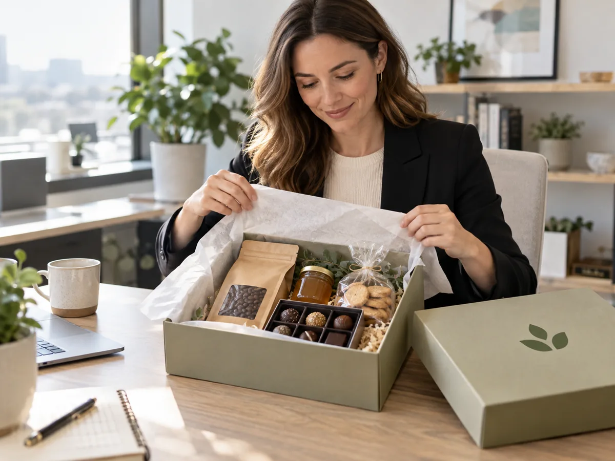 Mitarbeiterin öffnet eine Gourmet-Geschenkbox an ihrem Schreibtisch