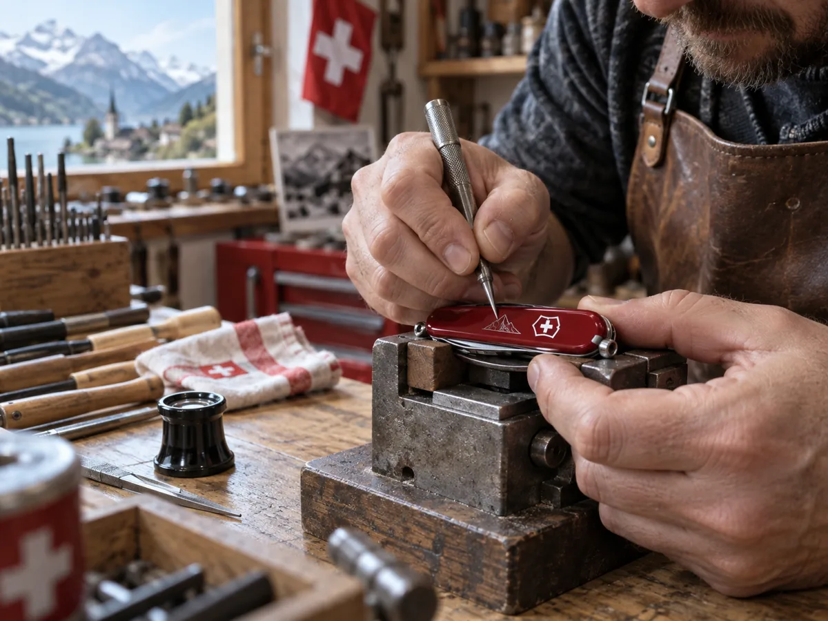 Handwerker graviert ein Logo auf ein Schweizer Taschenmesser in seiner Werkstatt