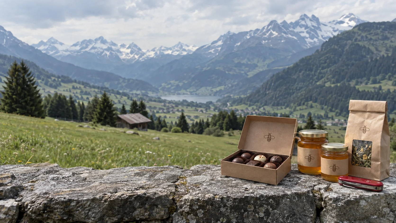 Personalised Swiss Made products for companies: pralines, honey, herbal tea and Swiss army knife in front of an alpine landscape