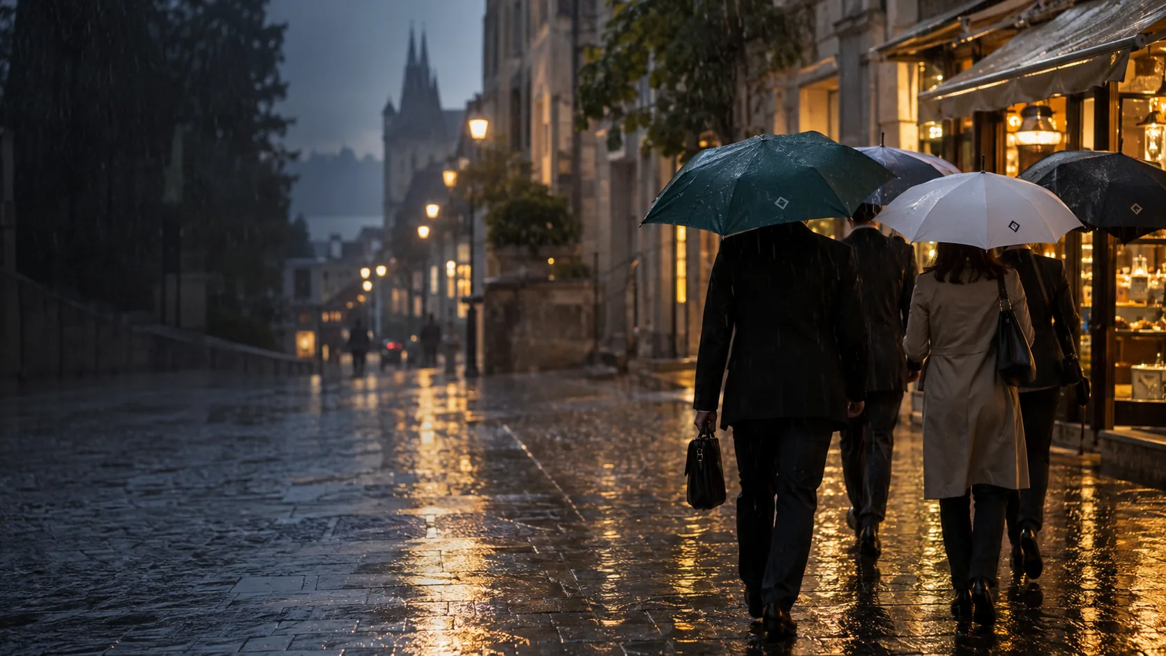 Parapluies personnalisés au logo d'une entreprise dans une rue sous la pluie