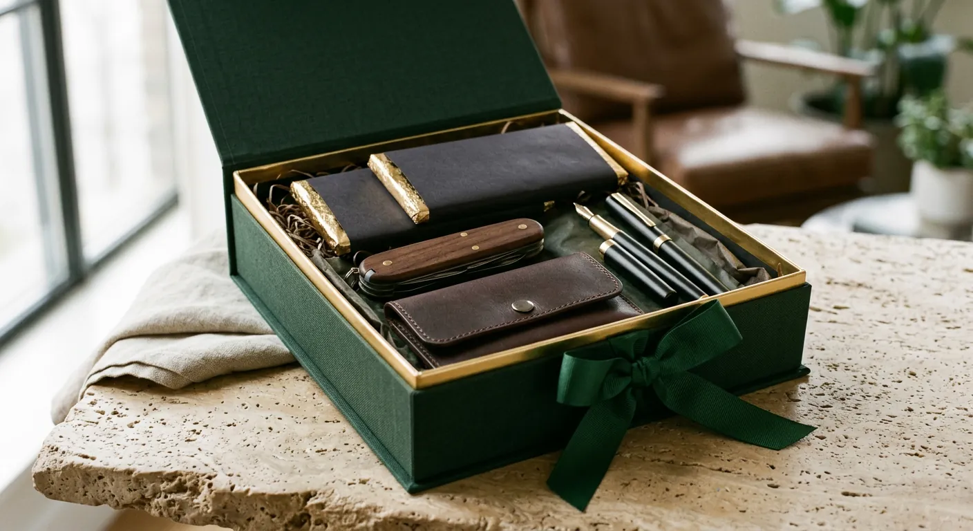 Coffret cadeau premium avec chocolat, couteau suisse, étui en cuir et stylos