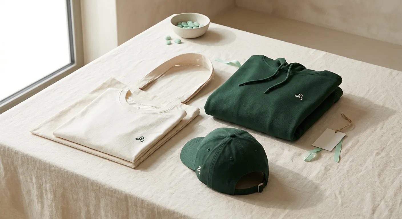 T-shirt, tote bag, hoodie et casquette brodés posés sur une nappe en lin
