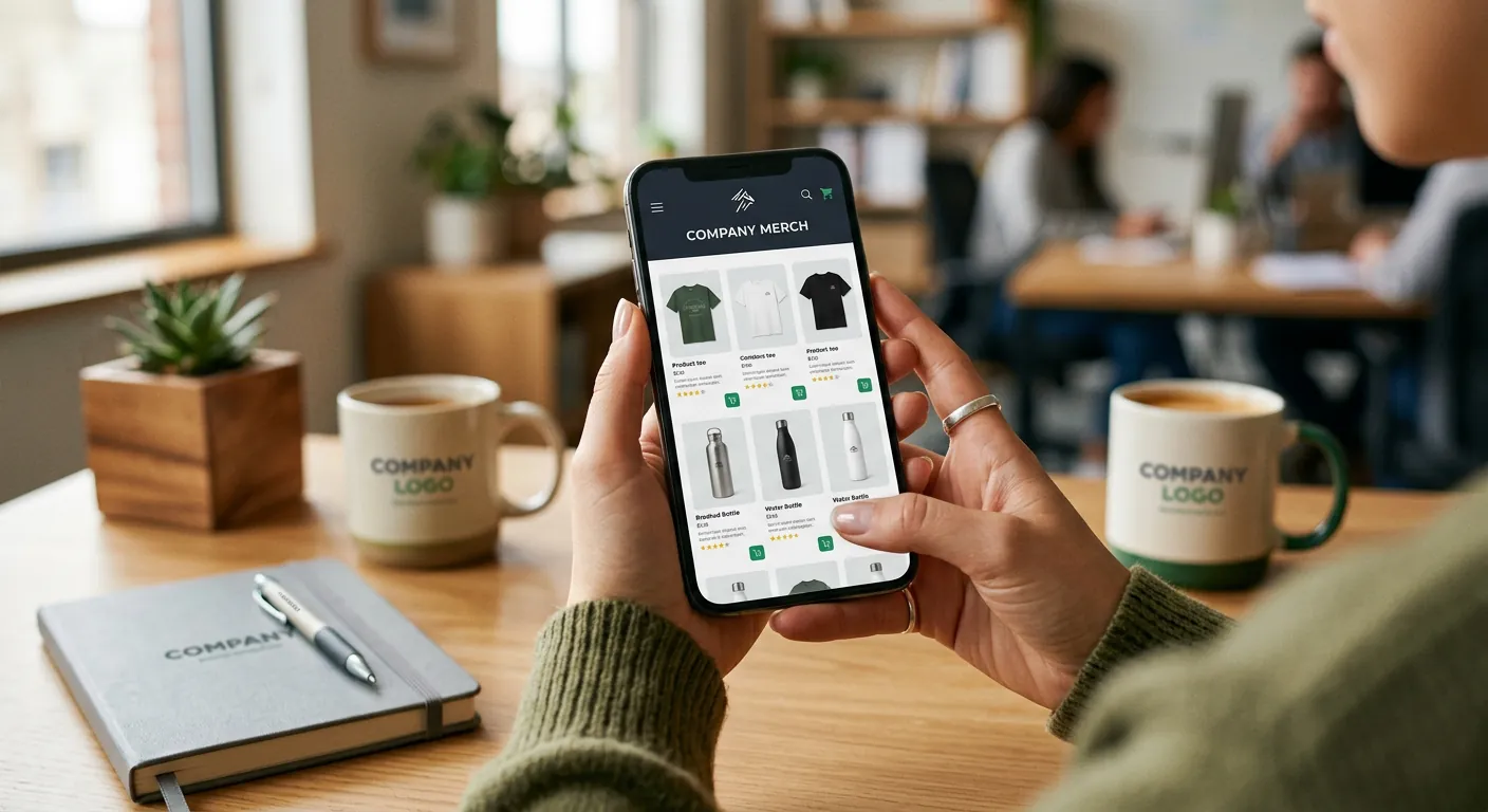 Smartphone affichant une boutique de merch d'entreprise