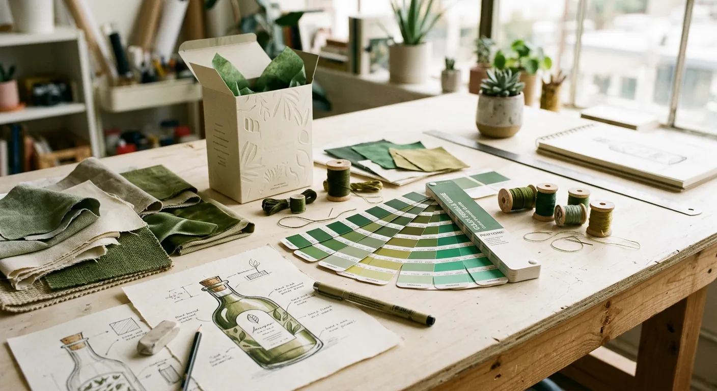 Atelier avec échantillons de tissus, nuancier Pantone et croquis de packaging