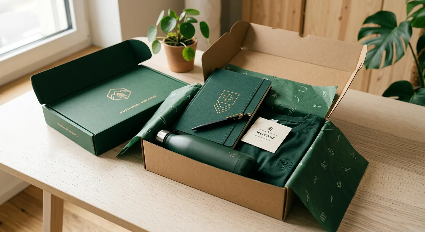 Welcome pack ouvert avec carnet, gourde, t-shirt et carte de bienvenue