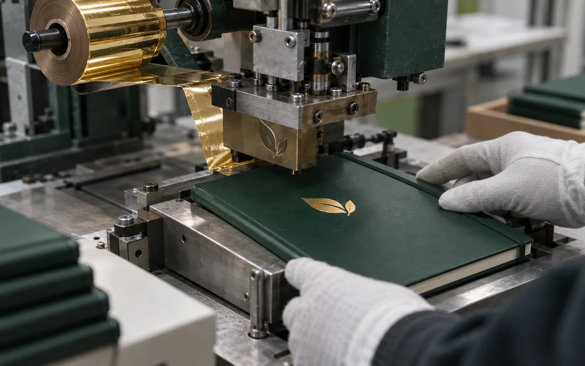 Hot foil stamping of a logo on a notebook