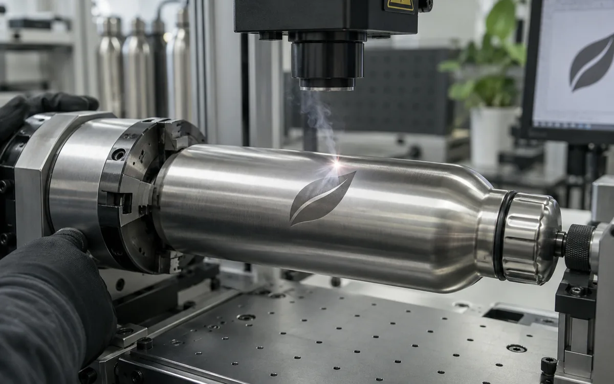 Laser engraving of a logo on a metal water bottle