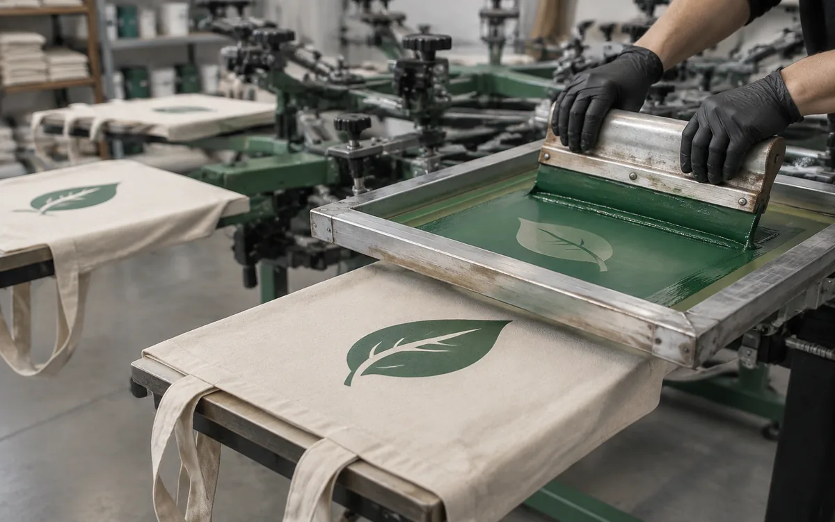 Screen printing of a logo on cotton tote bags