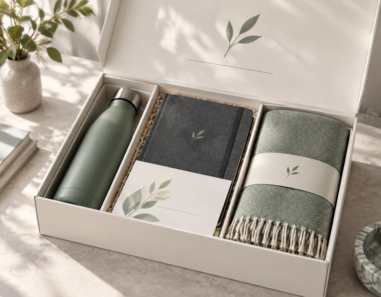 Welcome Pack ouvert avec bouteille, carnet, textile et carte personnalisés